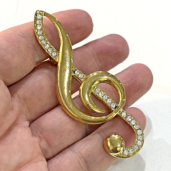 Vintage Jewelry - Treble Clef Brooch for Music Lovers Goldtone Pin & Clear White Rhinestones